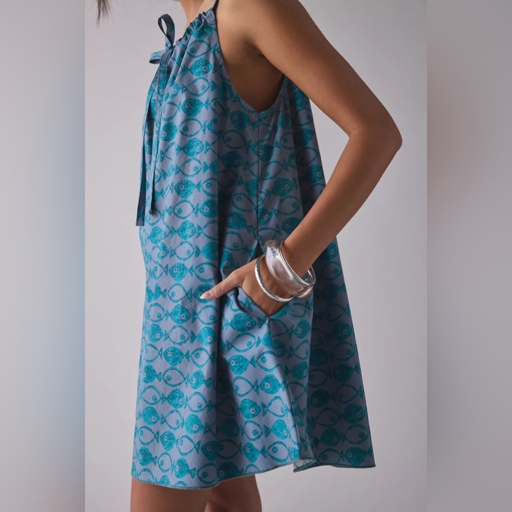 Urban Outfitters BDG Eva Tie-Front Ruched Strap Trapeze Mini Dress Blue Fish NWT - Picture 4 of 5